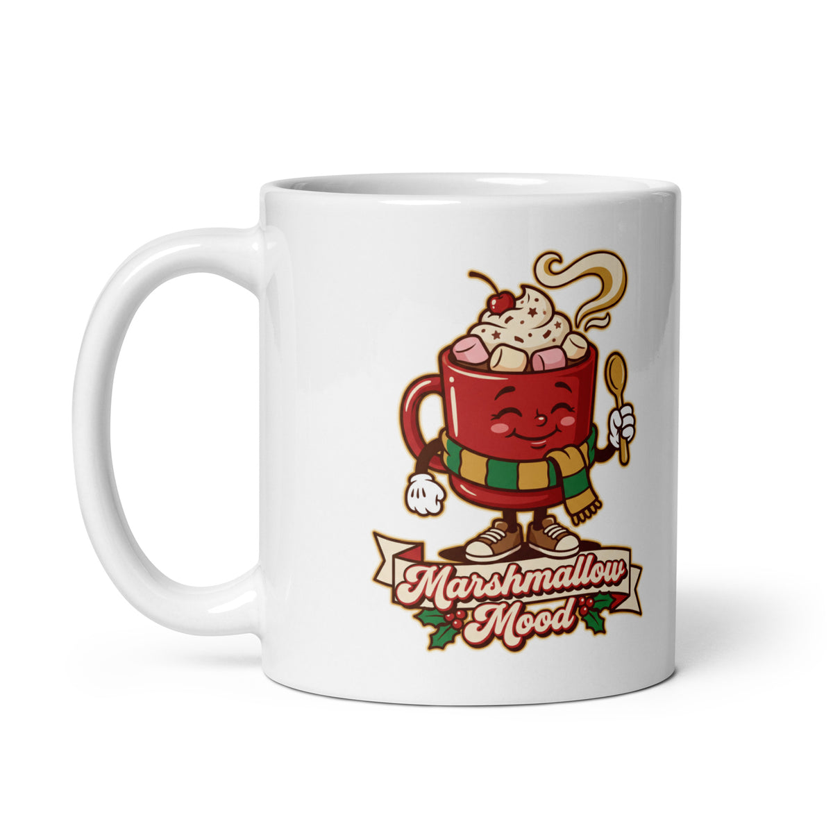 Marshmallow Mood Christmas mug, handle on left