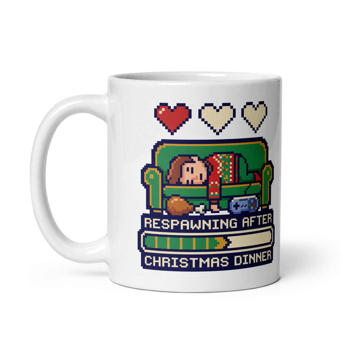 Respawning After Christmas Dinner Christmas mug, handle on left