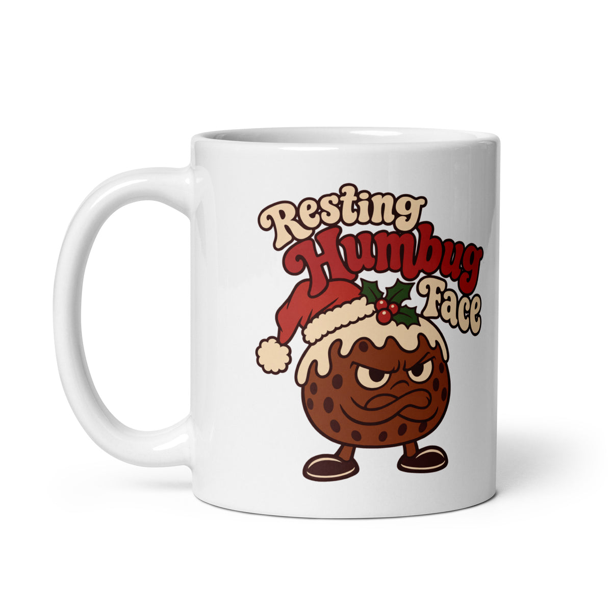 Resting Humbug Face Christmas mug, handle on left