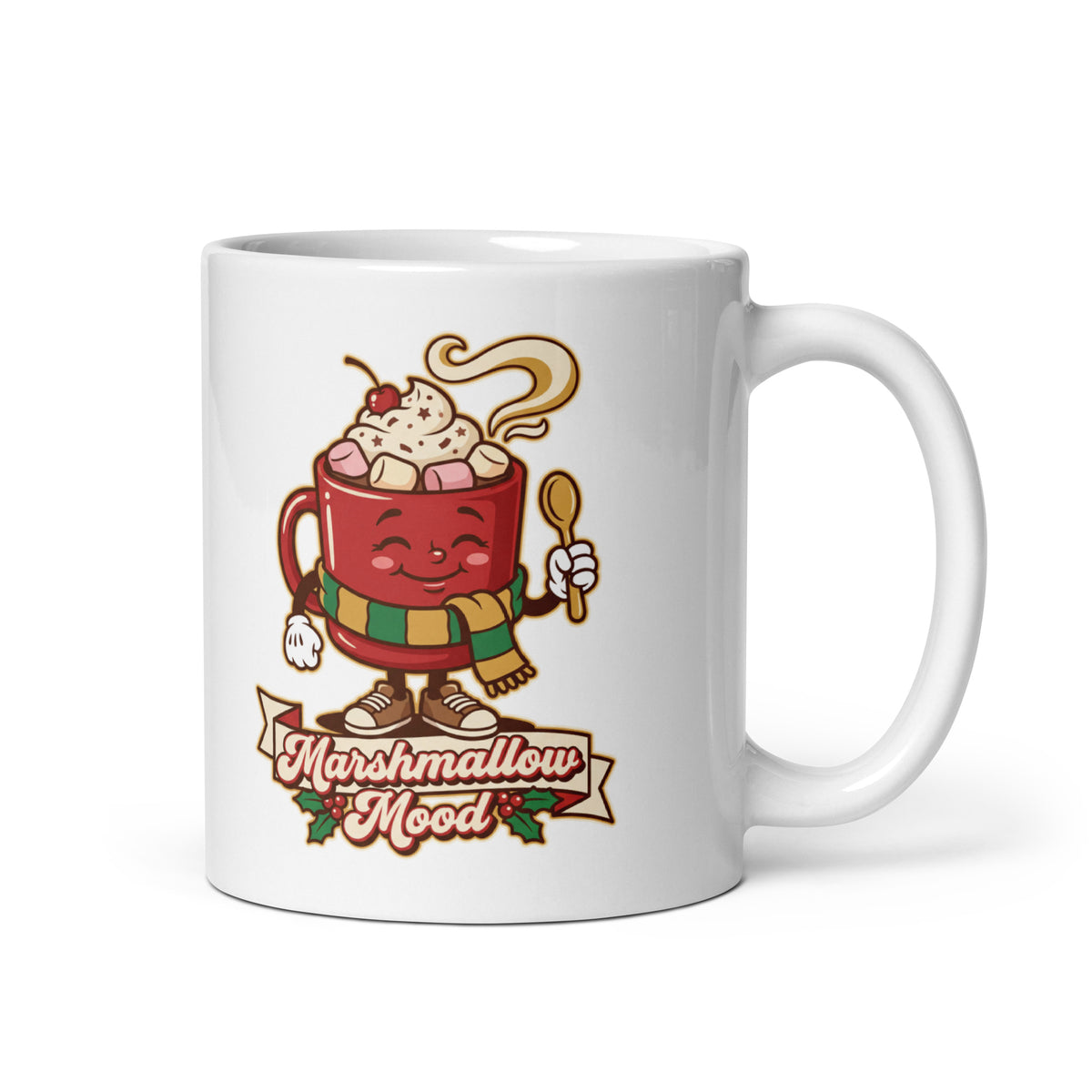 Marshmallow Mood Christmas mug, handle on right