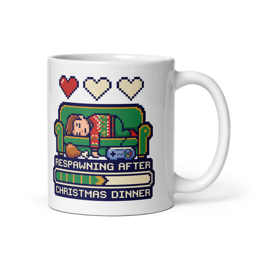 Respawning After Christmas Dinner Christmas mug, handle on right